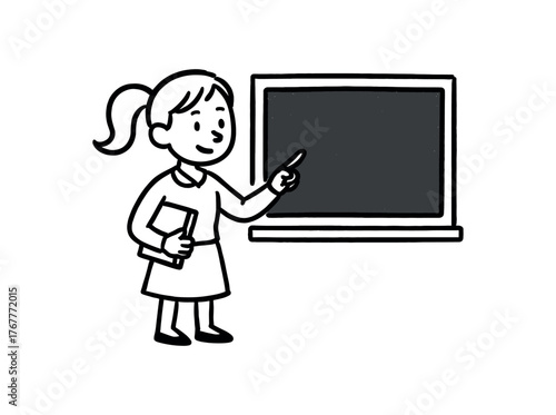 Doodle line comic style vector illustration white girl with pony tail teacher standing near chalkboard black outline simple imperfect lines minimal details isolated on white