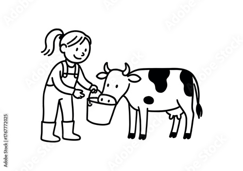 Doodle line comic style vector illustration white girl with pony tail farmer feeding cow with bucket black outline simple imperfect lines minimal details isolated on white