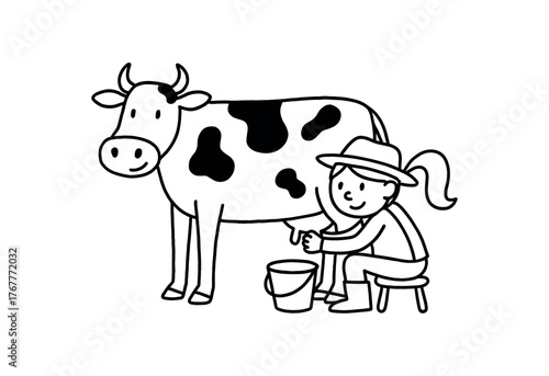 Doodle line comic style vector illustration white girl with pony tail farmer milking cow black outline simple imperfect lines minimal details isolated on white