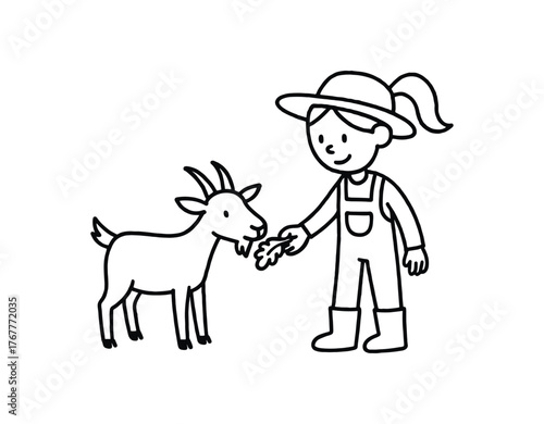 Doodle line comic style vector illustration white girl with pony tail farmer feeding goat black outline simple imperfect lines minimal details isolated on white