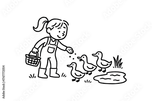 Doodle line comic style vector illustration white girl with pony tail farmer feeding ducks near pond black outline simple imperfect lines minimal details isolated on white