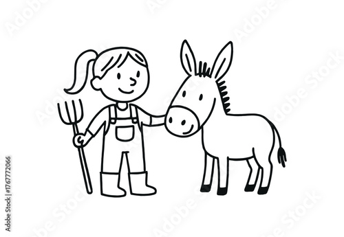 Doodle line comic style vector illustration white girl with pony tail farmer with black outline simple imperfect lines minimal details isolated on white