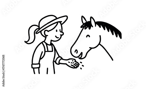 Doodle line comic style vector illustration white girl with pony tail farmer feeding horse black outline simple imperfect lines minimal details isolated on white