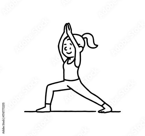 Doodle line comic style vector illustration white girl with pony tail yoga class standing pose black outline simple imperfect lines minimal details isolated on white