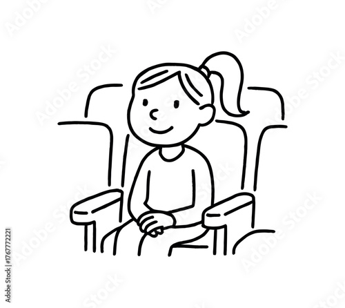 Doodle line comic style vector illustration white girl with pony tail sitting cinema watching movie black outline simple imperfect lines minimal details isolated on white