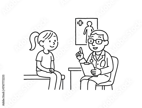 Doodle line comic style vector illustration white girl with pony tail visiting doctor clinic black outline simple imperfect lines minimal details isolated on white