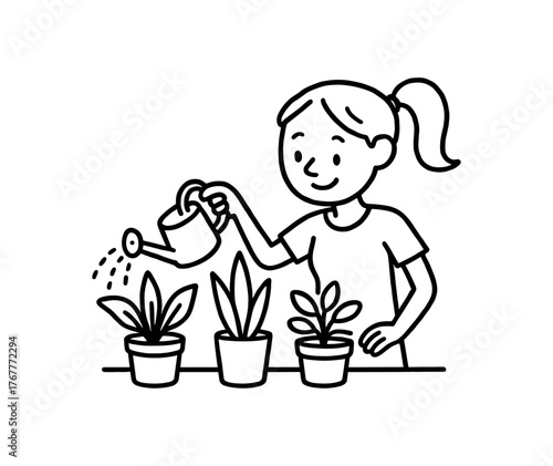 Doodle line comic style vector illustration white girl with pony tail watering houseplants black outline simple imperfect lines minimal details isolated on white