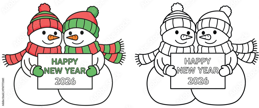 Fototapeta premium Cheerful Snowman Couple Celebrating Happy New Year 2026: Festive Winter Holiday Card Illustration