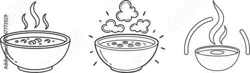 Set of Steaming Hot Soup Bowl Outline Vector Icons: Simple Line Art for Warm Winter Food and Meal Design