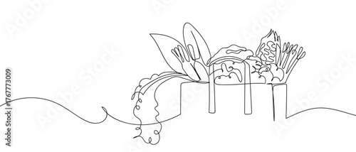 Vegetable and fruit ingredients in a paper bag, one continuous line Digital single line sketch drawing vector illustration edited strokes.