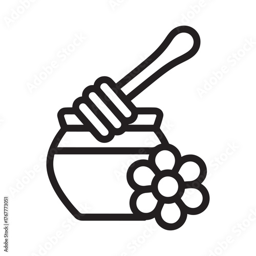 Simple line art icon of a honey pot with dipper and flower