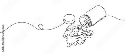 The pills are poured out of the bottle in one continuous line. Digital single line sketch drawing vector illustration edited strokes.