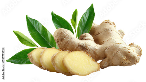 falling slices of fresh ginger root and leaves isolated on transparent white background