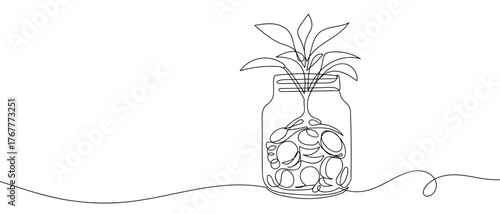 Business illustration of a coin jar with a growing plant inside, one continuous line. Digital single line sketch drawing vector illustration edited strokes.