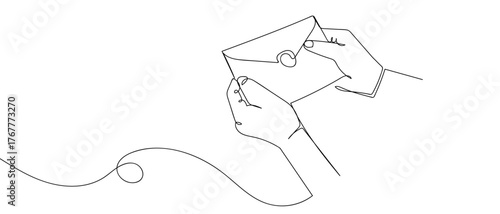 A hand holding an envelope has a retro stamp, one continuous line. Digital single line sketch drawing vector illustration edited strokes.