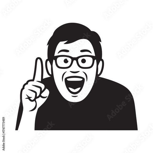 Excited man with glasses points finger up having a great idea