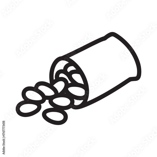 Hand drawn outline illustration of pills spilling from a bottle