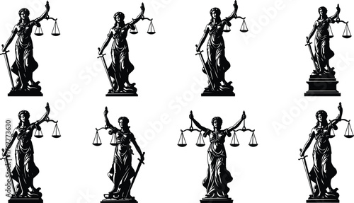 Quadro su tela Collection of Lady Justice silhouettes, holding scales and sword, representing law, legal system, equality, and righteousness, symbolizing courts and fairness