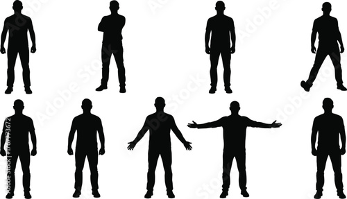Collection of diverse male figure silhouettes, standing in various common poses, including arms crossed, arms spread wide, and neutral posture, isolated on white.