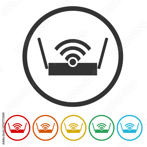 WiFi router icon in flat style. Set icons in color circle buttons