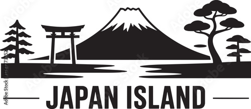 Iconic Japanese Landscape with Mount Fuji Torii Gate and Trees Black Silhouette Design