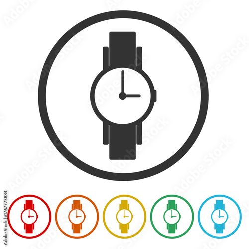Hand watch icon. Set icons in color circle buttons