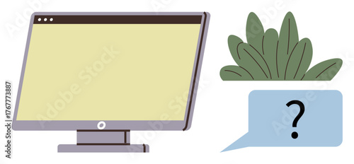 Desktop monitor, green plants, and a speech bubble with a question mark symbol. Ideal for communication, inquiry, problem-solving, technology, guidance support brainstorming. Simple flat metaphor