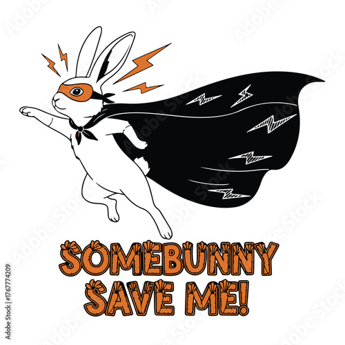 Whimsical cartoon superhero bunny rabbit with a flowing cape and mask flying through the air with lightning bolts ready to save the day