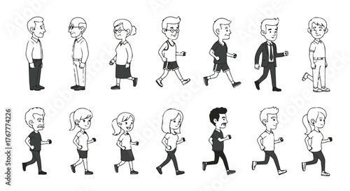 Collection of simple black and white cartoon style line art illustrations depicting various stages of human walking and running motion cycles