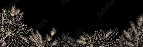 Elegant black and gold decorative winter border with pine branches, holly leaves, berries, and poinsettias, intricate line art on black background for festive designs