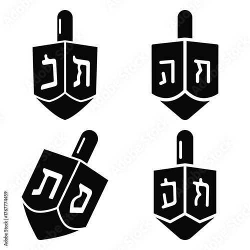 dreidel top minimal silhouette icon set, Chanukah vector icons