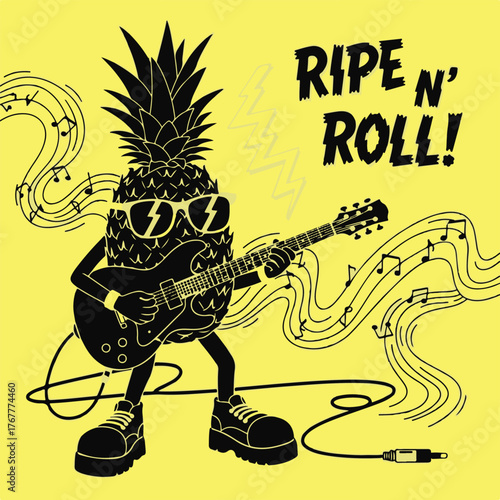 Grunge vector illustration of a rock music poster featuring a cartoon woman guitar star drawing for an art background