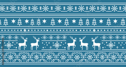 Seamless Nordic Christmas Pattern Vector: Horizontal Fair Isle Knit Border with Reindeer, Snowflake, and Tree Motifs