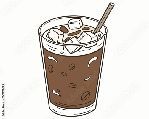 Iced coffee in a glass with straw, refreshing drink
