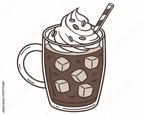 Iced coffee with whipped cream, sweet and cool