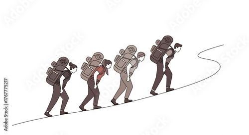 Group Of Hikers Ascend A Mountain, Illustrating Teamwork And Perseverance On The Trail