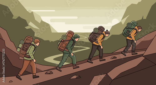 Group Of Hikers Ascend Mountain Path, Illustrating Adventure, Journey, And Determination