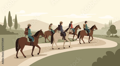 Group Of Adventurers Riding Horses Along A Winding Trail In The Countryside