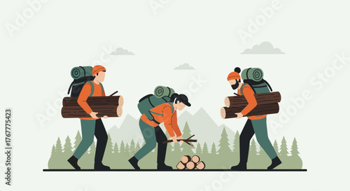 Group Of Adventurers Preparing for Overnight Camping Expedition in Mountainous Wilderness