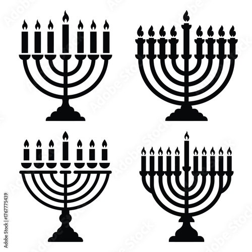 happy hanukkah lettering minimal silhouette icon set, Chanukah vector icons