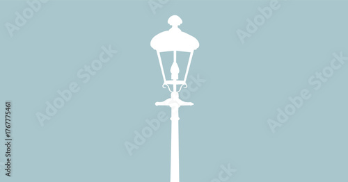 Elegant Victorian Street Lamp Silhouette Vector: Classic Lamppost Light Icon in White and BlueElegant Victorian Street Lamp Silhouette Vector: Classic Lamppost Light Icon in White and Blue