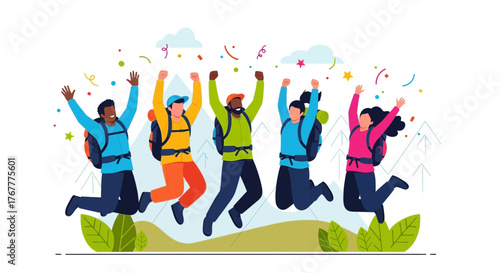 Group Of Excited Adventurers Celebrating A Successful Expedition Against A White Backdrop