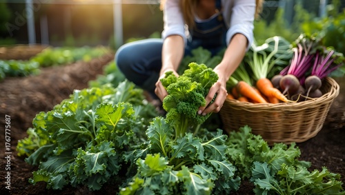 photograph of a young woman harvesting fresh vegetables from a raised garden bed. The vibrant green leaves and ripe produce are in crystal sharp focus, symbolizing organic food and sustainable living.