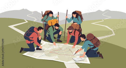 Group Of Hikers Planning Voyage With Map On Trekking In The Mountains Adventure