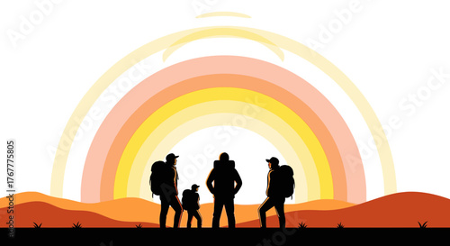 Group Of Hikers Admiring A Sunrise Over A Silhouette Landscape Scene