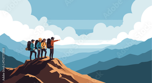 Group Of Hikers Admiring The Distant Landscape During Their Ascent Over The Mountains