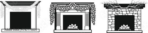 Set of Decorated Christmas Fireplace Silhouette Vectors: Elegant Holiday Mantle with Garlands and Logs Icon Collection