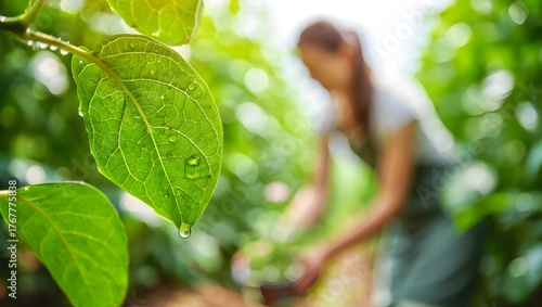 photograph of a young woman sitting peacefully beside her garden bed after watering plants, embodying slow life and mindfulness.