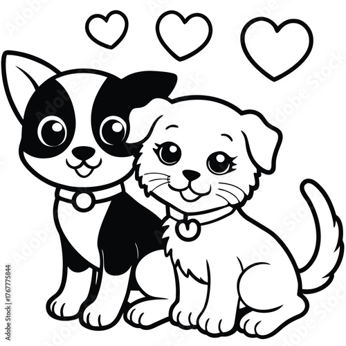 Adorable vector illustration of two cute puppies embracing with hearts adorning above