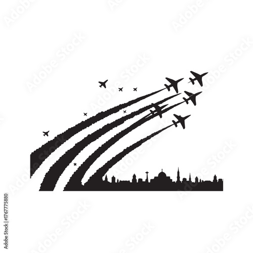 Airshow over city with planes leaving smoke trails silhouette vector